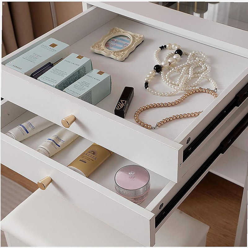 Bureau de coiffeuse avec miroir éclairé, coiffeuse de maquillage avec tiroirs et armoire de rangement pour chambre à coucher, bureau en verre, luminosité réglable à 3 modes d'éclairage, tabouret de rangement