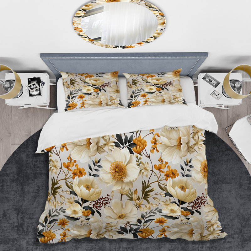 Ensemble de housse de couette Beige Boho Chic Poppy Blooms, Housse de couette simple + 1 taie décorative stan