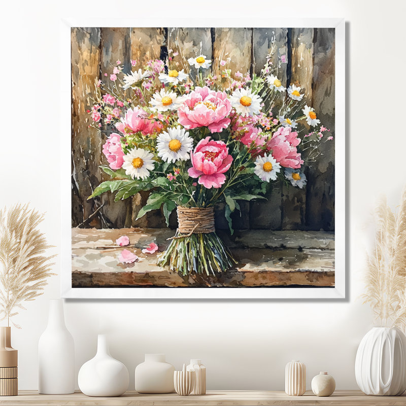 «Rustic Romance Wildflowers Bouquet I», art mural de bouquets assortis pour le salon, H 36 po x l 36 po, Blanc