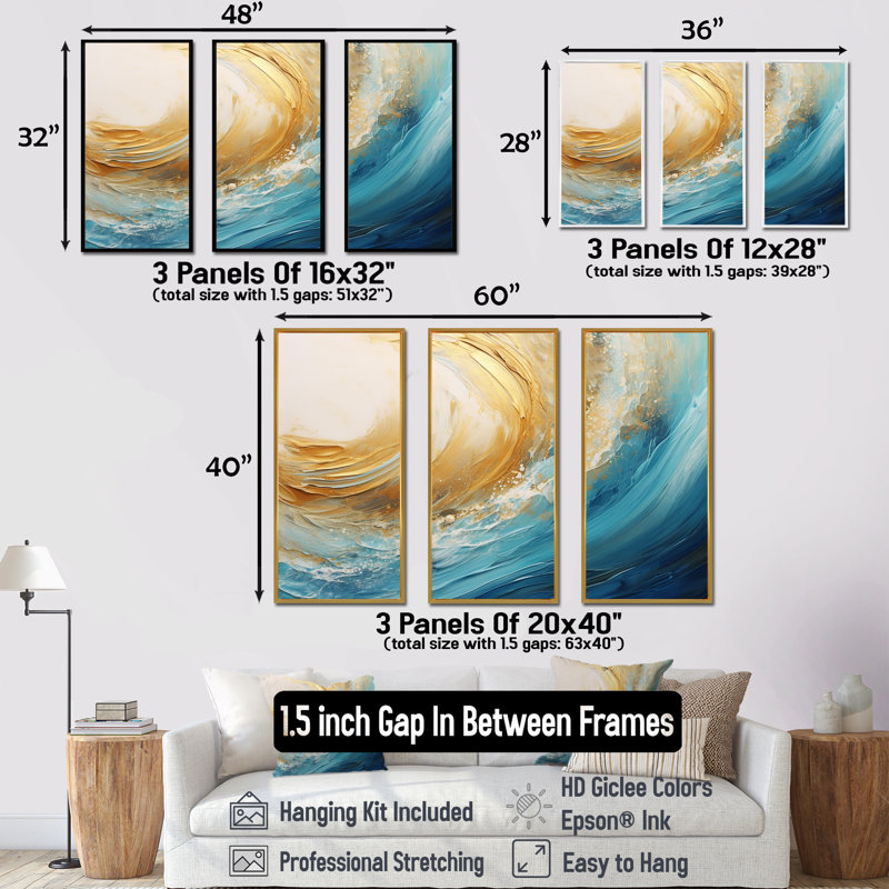 Golden Sapphire Surge V - Abstract Art, Cadre flottant doré, H 28 po x l 36 po x P 1 po