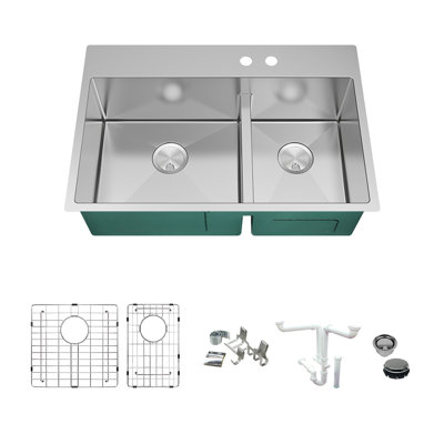 Évier de cuisine à double cuve avec filtre à panier L 33 po x l 22 po Diamond Micro