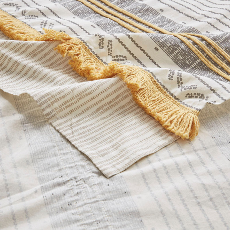 Gray and Yellow Cotton Striped Shower Curtain with Tassels