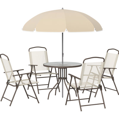 4 Person Patio Dining In Beige - Umbrella, Tempered Glass Table, Folding Chairs. Suitable For Backyard, Poolside, Garden Great Entertaining