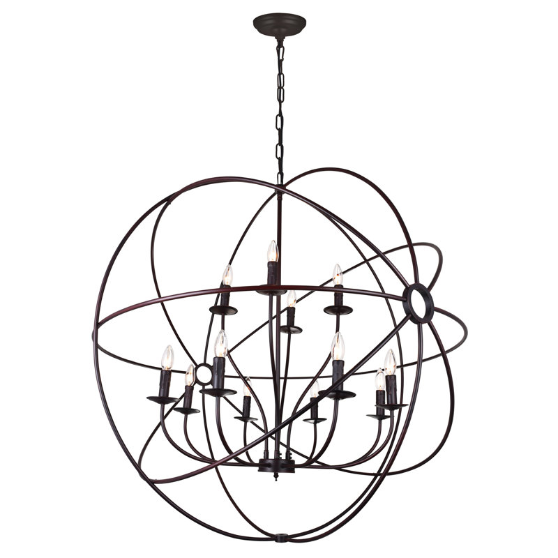 40" Brown Chandelier for Living Room, Dining Room – 12-Light Planetary Ring Design with E12 Bulb Base – LED Compatible, Open Cage Frame, adjustable chain – BACL Certified