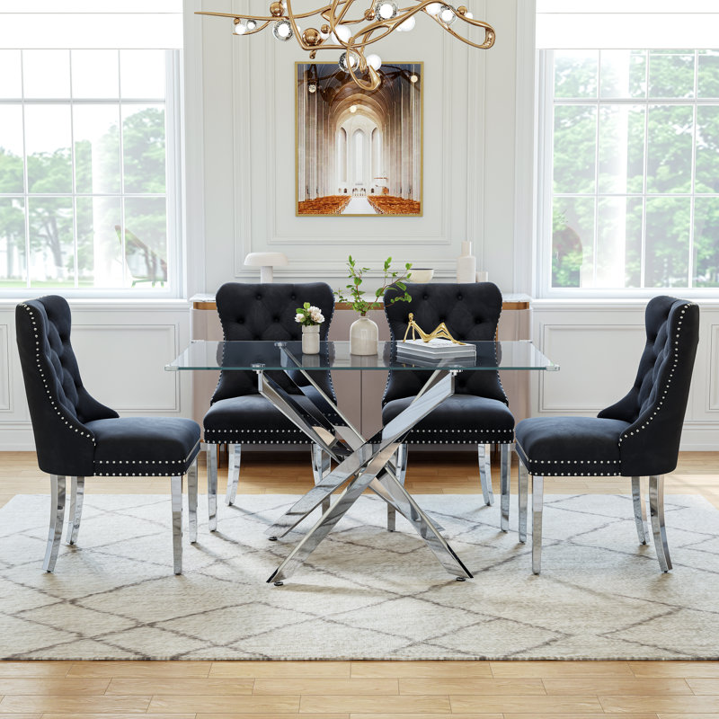 Modern Glass Dining Table Set For 4, 50" Rectangular Tempered Glass Dining Table With Velvet Upholstered Seats, Silver