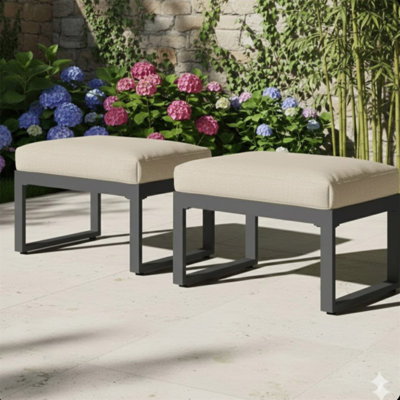Ensemble de 2 repose-pieds de patio en aluminium toutes saisons de 26 po avec coussins beiges épais avec cadre noir