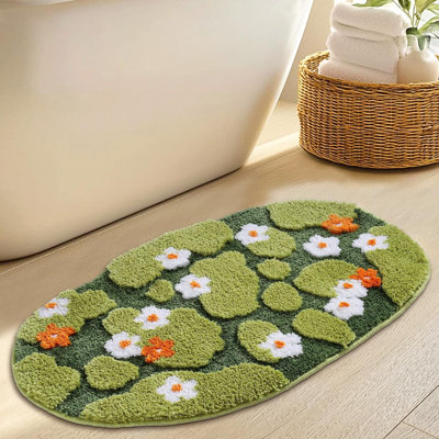 Green Floral Moss Bathroom Rug Bath Mat, Ultra Thick Soft 3D Aesthetic Decor Cute Tufted Bath Rugs, Non Slip Absorbent Washable Moss Carpet For Shower Floor Sink Bedroom, 20X32 Inch