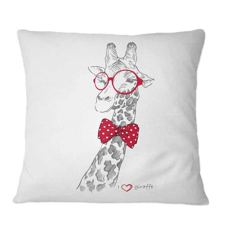 Girafe dans des verres ronds rouges - Coussin décoratif imprimé à la main, 18 po x 18 po
