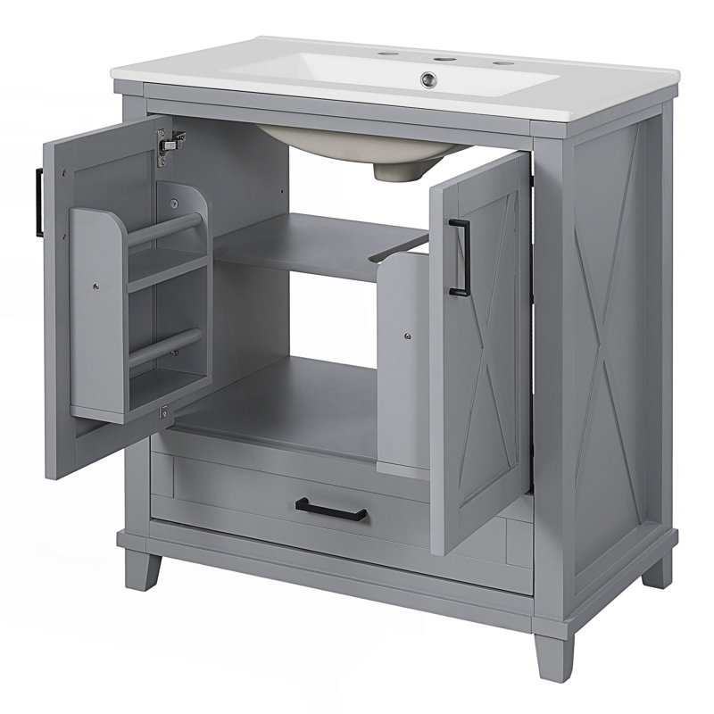 Meuble-lavabo de salle de bain avec lavabo simple, 2 portes à fermeture douce et 1 tiroir divisé