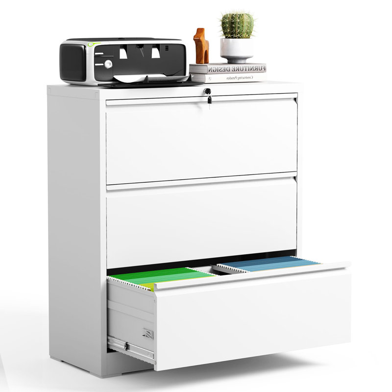 35.43"W 3 Drawer Metal Lateral File Cabinet with Lock for Home Office - A4/Letter/Legal Size, White
