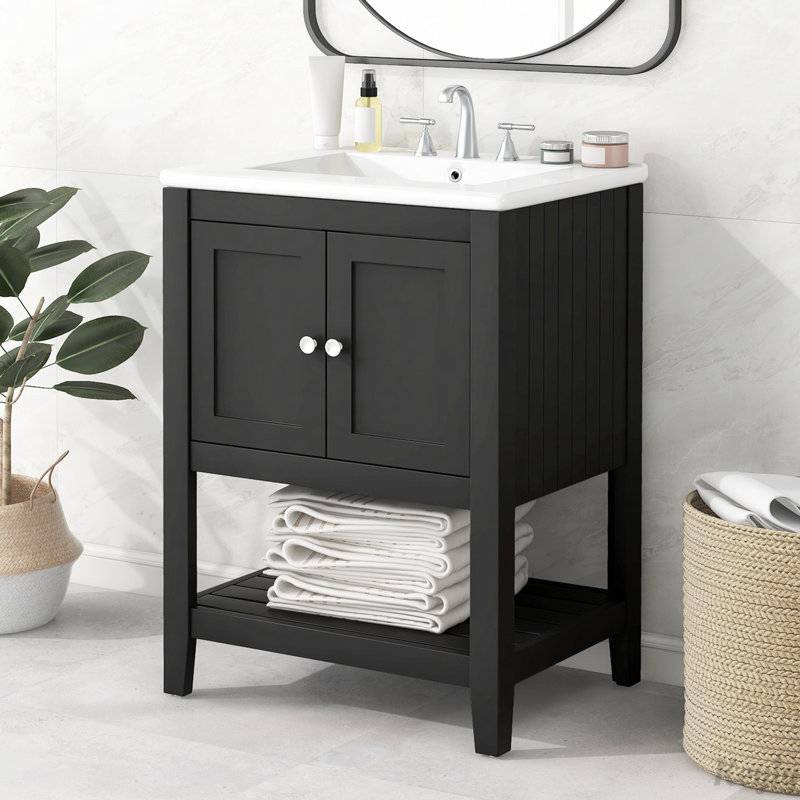 24" Modern Sleek Bathroom Vanity Elegant Ceramic Sink, Black