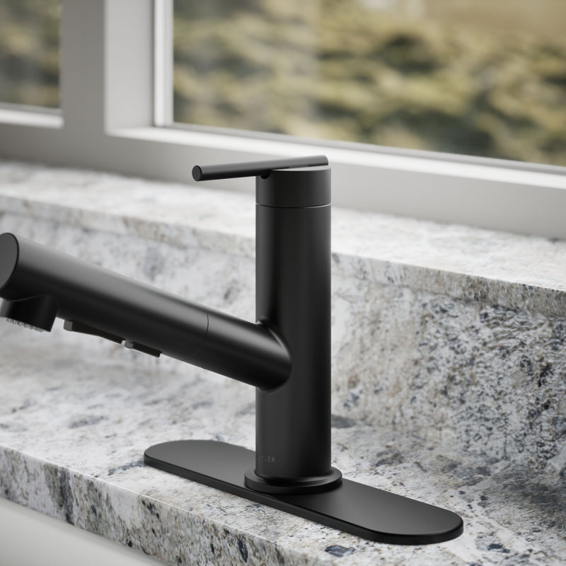 Crue Pull-Out Kitchen Sink Faucet, Pull-Out Laundry Faucet with Three-Function Sprayhead, Matte Black