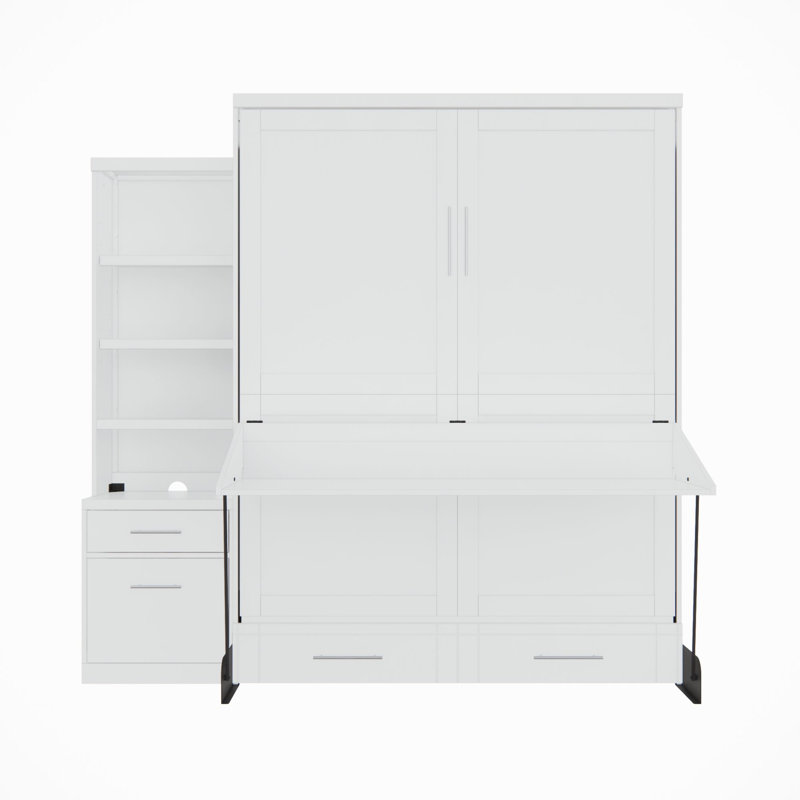 Grand lit bureau avec rangement en bois massif Johnniemae, Blanc