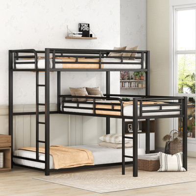 L-Shaped Metal Triple Twin Bunk Bed, Space-Saving Loft with Ladder & Guardrails, Black
