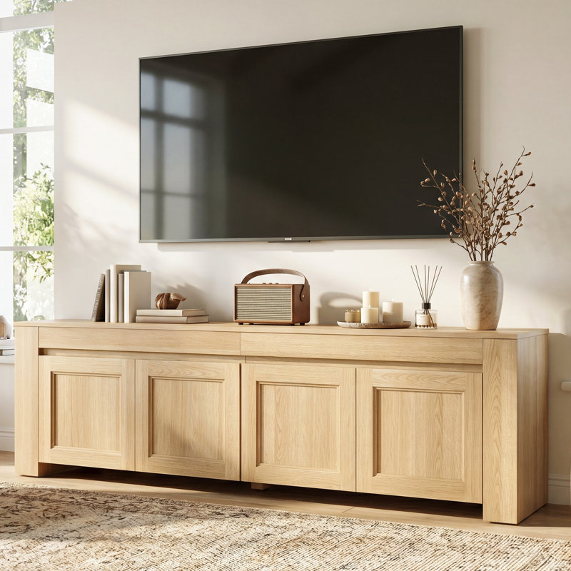Meuble télé 70 po avec tablettes et portes de rangement, grand centre de divertissement en bois pour téléviseur de 80 po ou moins