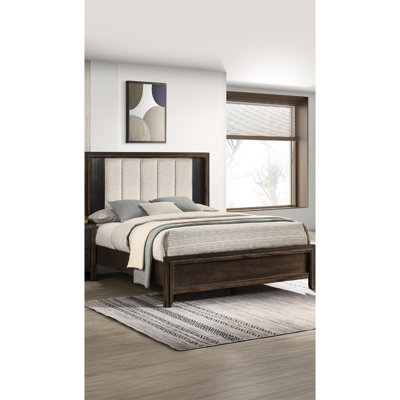 Queen Bed With Rich Wood Finish, Upholstered Headboard, Rustic And Contemporary Elements, Brown Colour Headboard For Bed, Charm, Style,