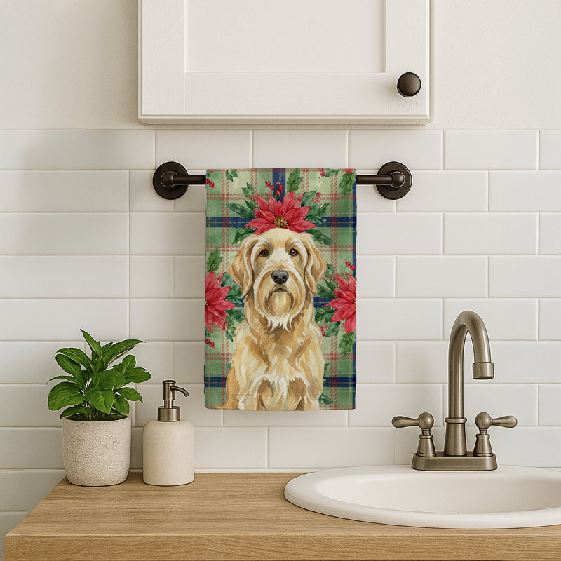 Wheaten and Tan Otterhound Christmas PoinsettIas Kitchen Towel, Wheaten/Tan Otterhound