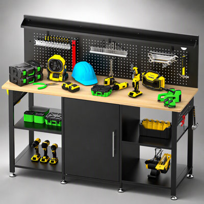 60 Inch Heavy Duty Workbench with Storage Cabinet, Wooden Top, 2000 lbs Capacity, Large Garage Work Table with Pegboard and Power Outlet