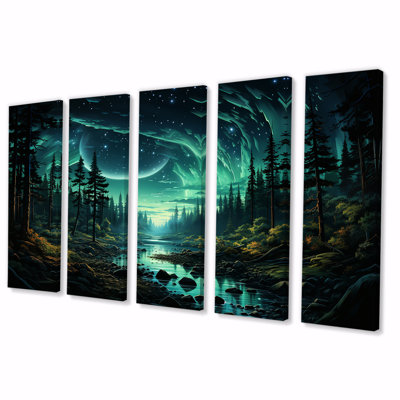 Northern Lights Forest Dreams I - Forest River Mountains 5 Piece Wall Art For Living Room