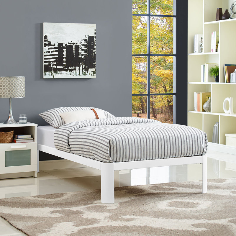 Sleek White Twin Metal Frame Bed with Wood Slats