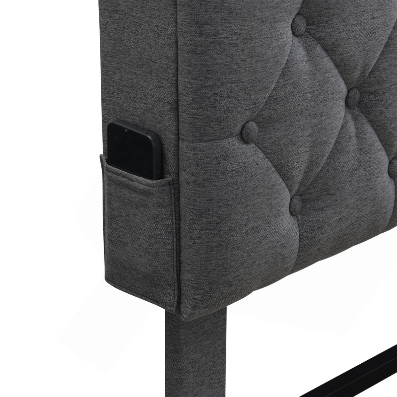 Très grande base de lit tapissier très grand avec une tête de lit moderne en tissu touffeté à boutons, ports USB, station de charge pratique, deux poches latérales, ne nécessite pas de sommier, gris foncé