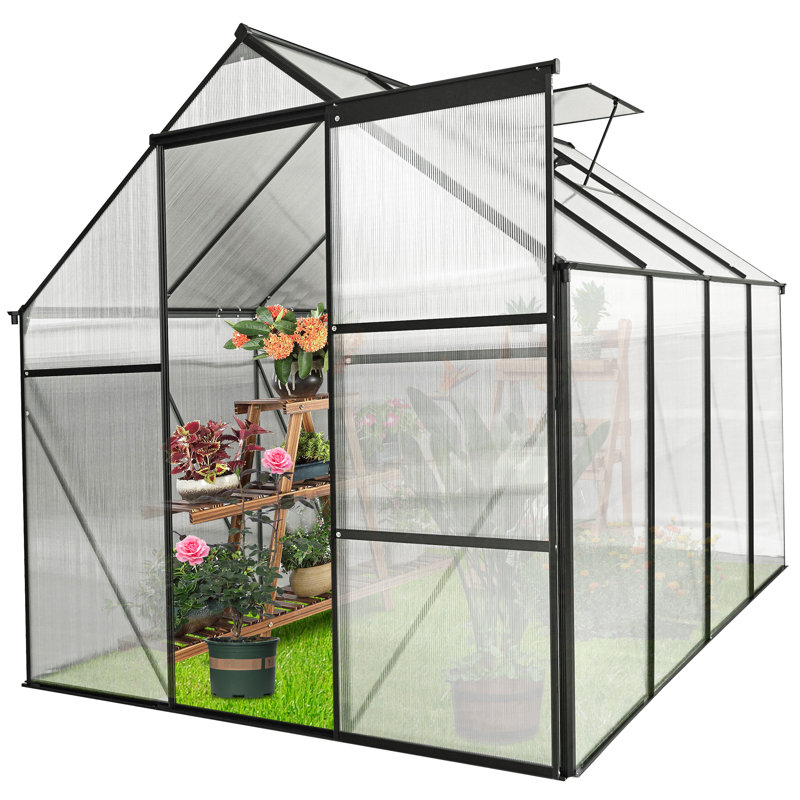 Black Polycarbonate Greenhouse - Heavy Duty, All Season Outdoor For Backyard Sliding Door, Adjustable Roof, Frame Walk-in With Robust Construction Galvanized Base