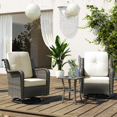 Auryanna Rattan Outdoor Furniture 2 Swivel Chairs with Waterproof Coushions and Glass Top Table Set