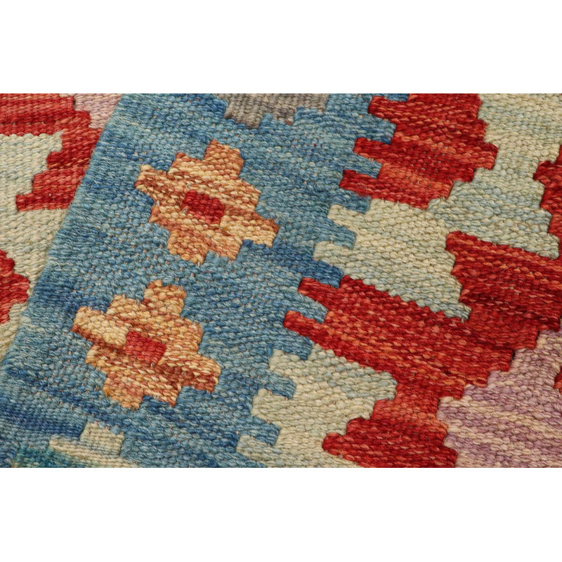 Tapis rouge / bleu / doré à motif géométrique en laine tissé à plat Rectangle 2 pi 2 po x 2 pi 5 po Sansome
