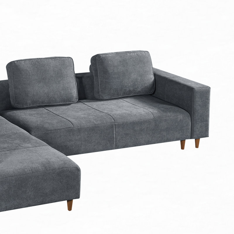 L-Shaped Sectional Sofa with Solid Wood Legs and Movable Cushions