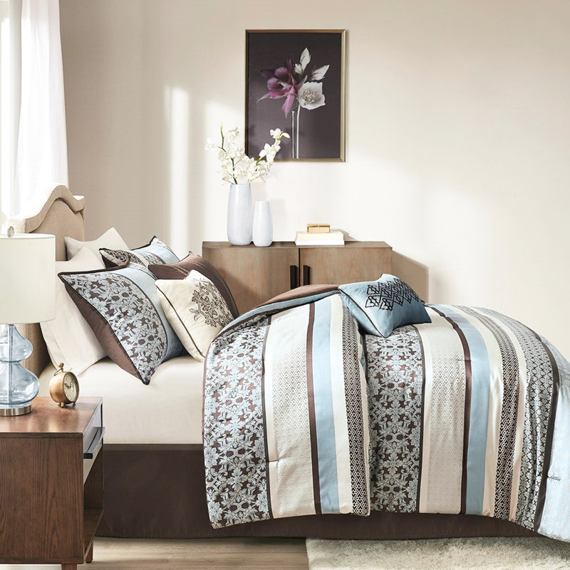 Couette 7 pièces bleu King - Motif géométrique, comprenant jupe de lit et garniture d'oreillers, design élégant, lavable à la machine