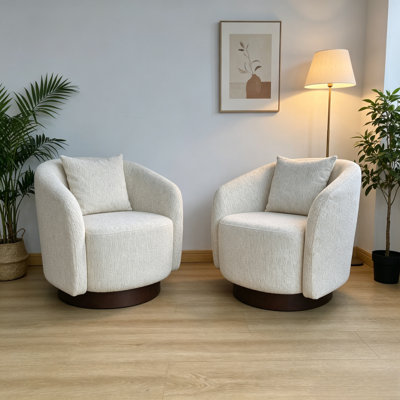 Upholstered Swivel Barrel Chair With Solid Wood Base