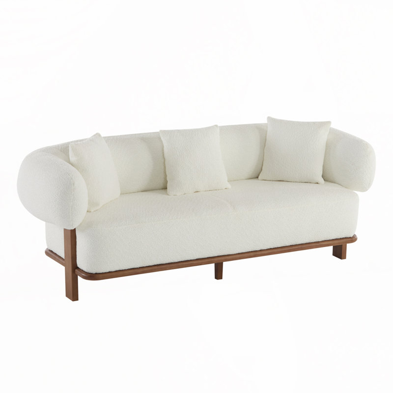 Canapé à accoudoirs arrondis de 82,25 po de largeur avec pieds en bois d'hévéa, Beige