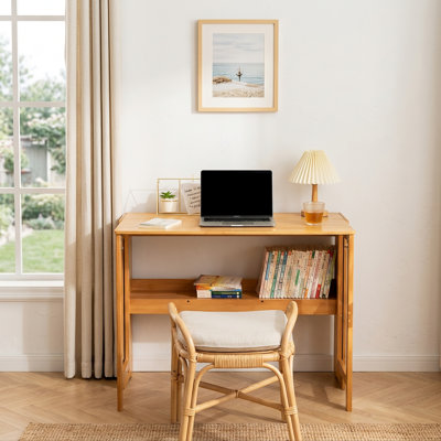 32.5 '' Wide Modern Foldable Study Table, Bamboo Folding Desk with Storage Shelf Space Saving for Home Office, Bedroom