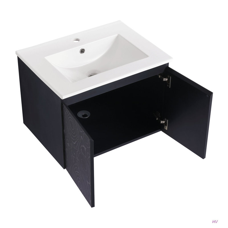Meuble-lavabo mural 24 po avec lavabo en céramique et porte d'armoire à fermeture en douceur, ensemble KD