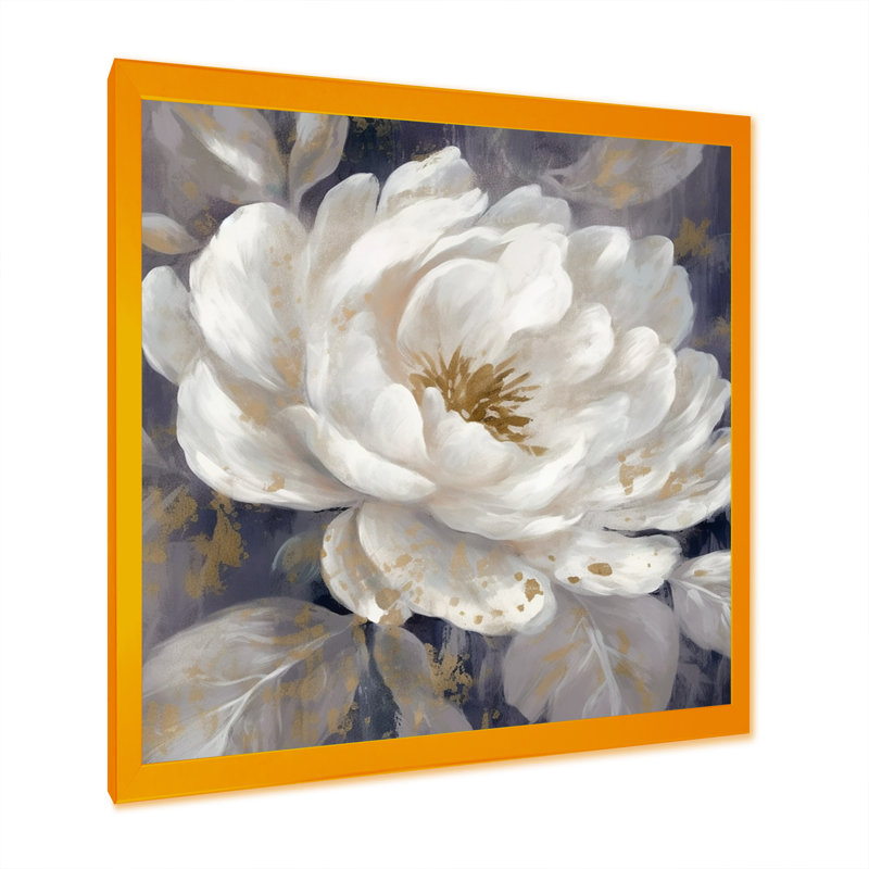 Émotion de pivoines blanches et bleues III - pivoines, art mural, H 16 po x l 16 po x P 1 po, Cadre doré simple