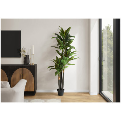 Plante artificielle, 83 po de haut, intérieur, arbre Dracaena, décoratif, faux, faux, plancher, pot, touche réelle, feuilles vertes, pot noir