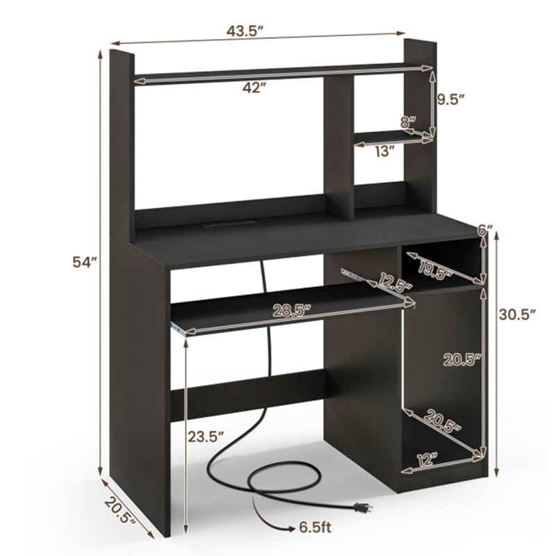Home Office Computer Desk with Bookcase Keyboard Tray and CPU Stand, Black