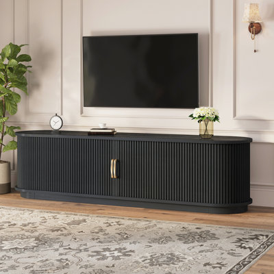 Meuble télé noir rustique, portes à lattes coulissantes pour téléviseur de 75 po