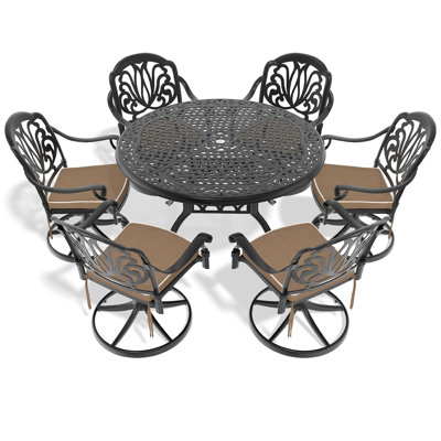 L'ensemble de salle à manger toutes saisons en fonte d'aluminium comprend 6 chaises pivotantes et une table ronde de 48,03 po avec structure noire 