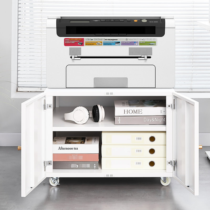 Classeur de bureau moderne blanc: 2 portes en acier avec 4 360 roues et armoire à finition lisse: surface blanche pivotante facile