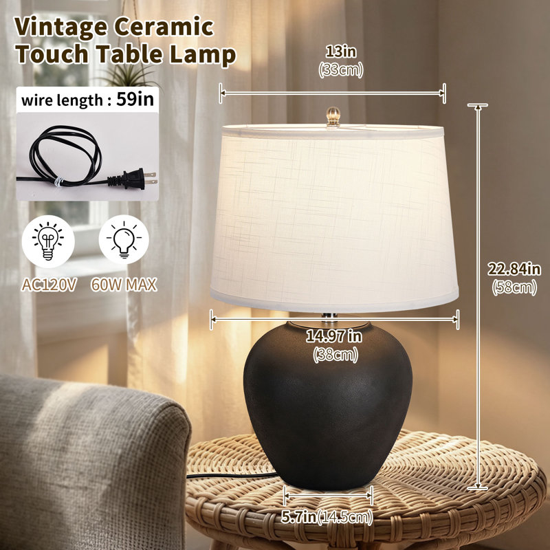 Lampe de table en céramique de 58 cm de hauteur, lampe de chevet tactile à intensité variable avec ampoule E26 incluse, Black