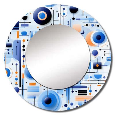 Shamakia Blue And White Matrix Grid - Geometric  Mirror, Blue Round Unique Wall Mirror, Printed Metal Art