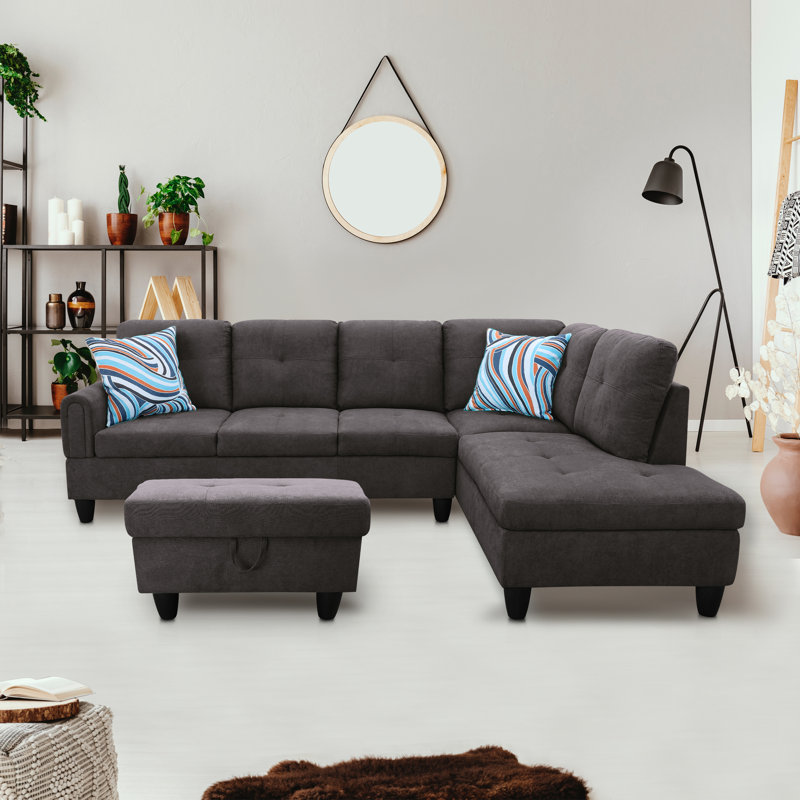 Gonen Upholstered L-Shaped Sectional, Brown Velvet/Linen Blend, Right Hand Facing
