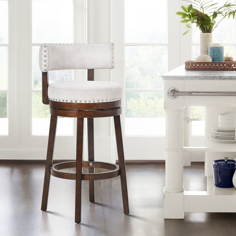 Tabouret de bar pivotant à 360 ° 30 po avec garniture cloutée, chaise de bar rembourrée en bois massif pour îlot de cuisine