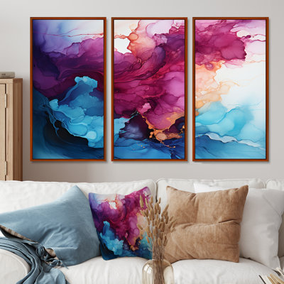 «Art liquide», encre mauve, magenta, or, ensemble d'art mural en marbre
