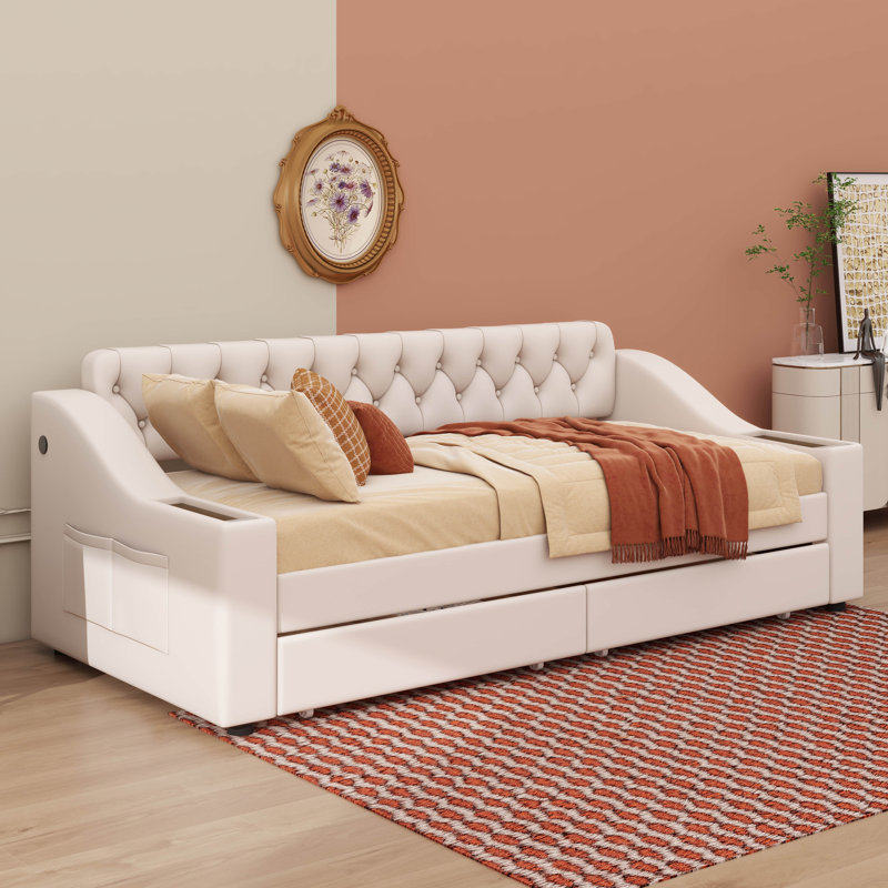 Lit de jour simple rembourré avec accoudoirs de rangement et port de charge USB, Beige
