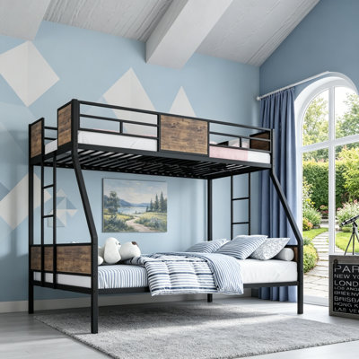 Twin Over Full Black Metal Bunk Bed with Pull Out Trundle, Dual Side Ladders & Full-Length Guardrails, Anti-Sag Metal Slats No Box Spring Needed, High Weight Capacity for Small Bedrooms