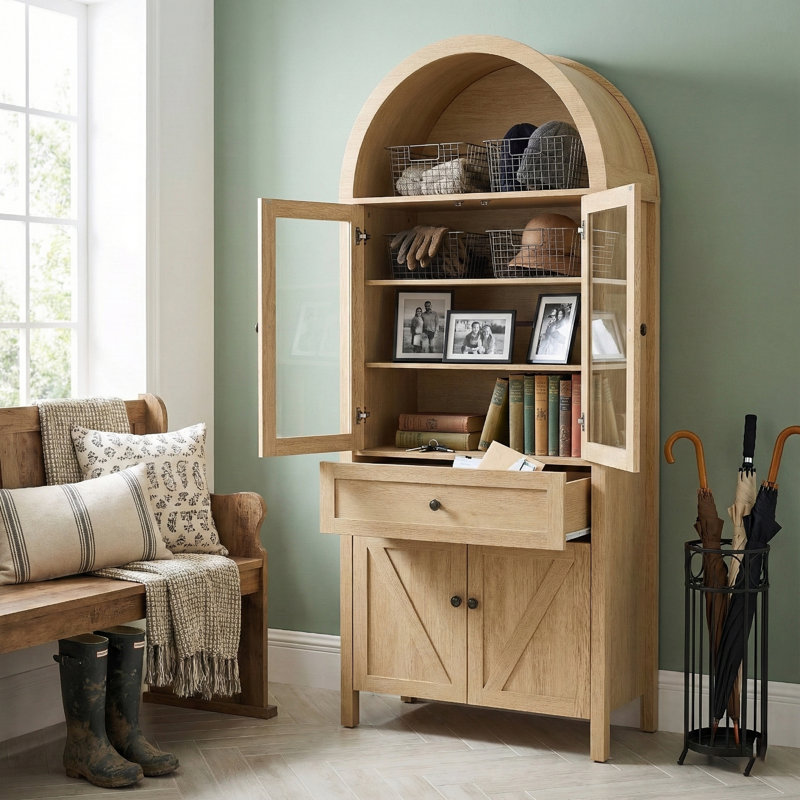 72" Arched Top Display Cabinet With Plastic Doors, Vintage Freestanding Bookshelf With Drawer & Storage, Natural, Natural