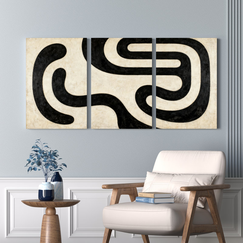 Ensemble de 3 tableaux abstraits en noir et blanc aux lignes courbes, sur toile tendue, pour la décoration du salon et de la chambre.