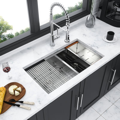 30"x19" Double Bowl 60/40 Undermount Kitchen Sink Of 16 Gauge T304 Stainless Steel, 10" Deep Basin, Style, X - Shaped Water Flow, R10 Rounded Corner, Coating For Condensation, 3mm Pad, Package With